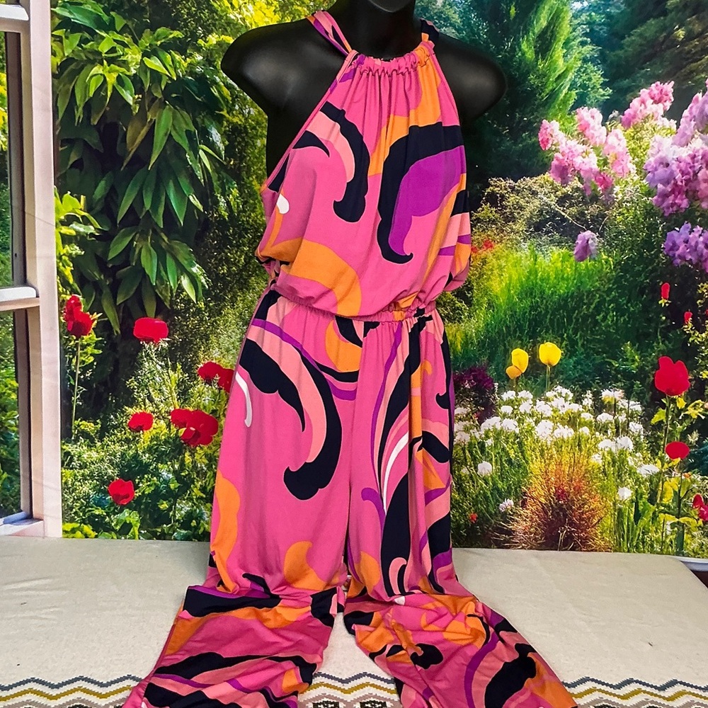 TRINA by Trina Turk Vibrant Pink Printed Halter Jumpsuit #1356